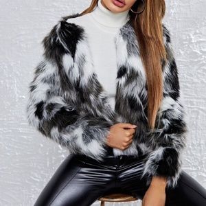 Cozy Black White Luxe Vegan Fur Fuzzy Jacket Winter Glamorous